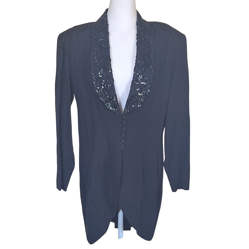 JR Nites by Caliendo Black Sequin Lace Lapel Evening Blazer Jacket Womens - Picture 1 of 7